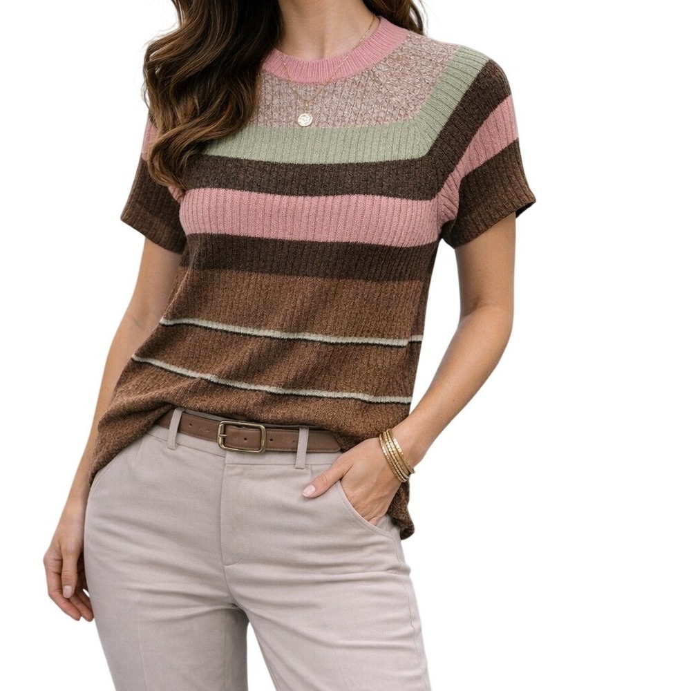 Emma James‎ Knit Sweater Women XL Petite Brown Pink Striped Mock Neck